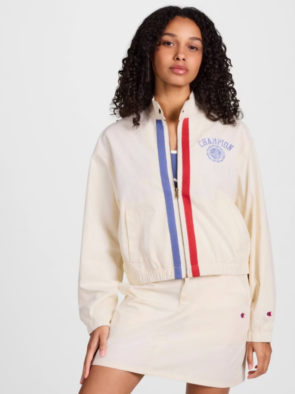 New Champion Cream Zip-Front Varsity Jacket with Red & Blue Stripes